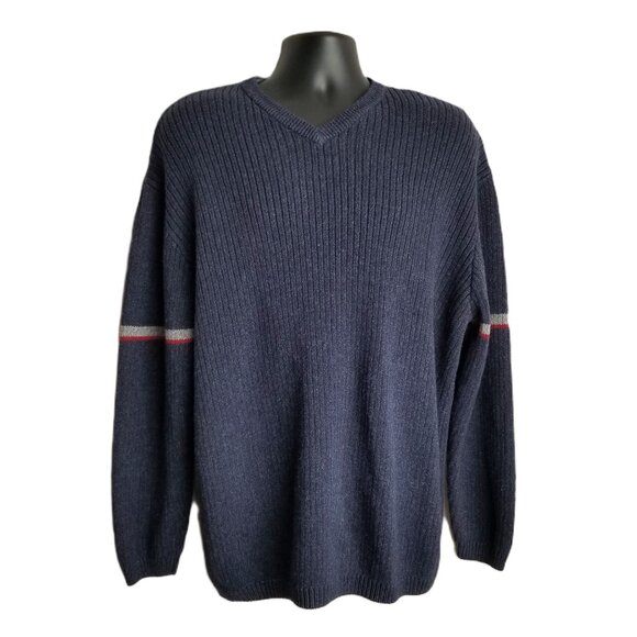 Cherokee Ramie Cotton V Neck Pullover Sweater Size XXL Navy Blue Striped Vintage - Picture 1 of 6